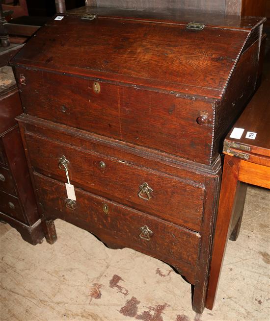 Oak bureau on chest base, 18th century